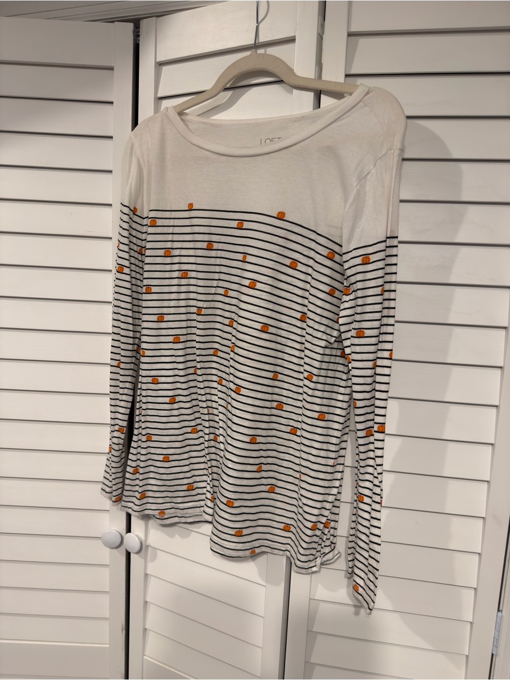LOFT White Black Striped Long-Sleeve Top with Pumpkin Print